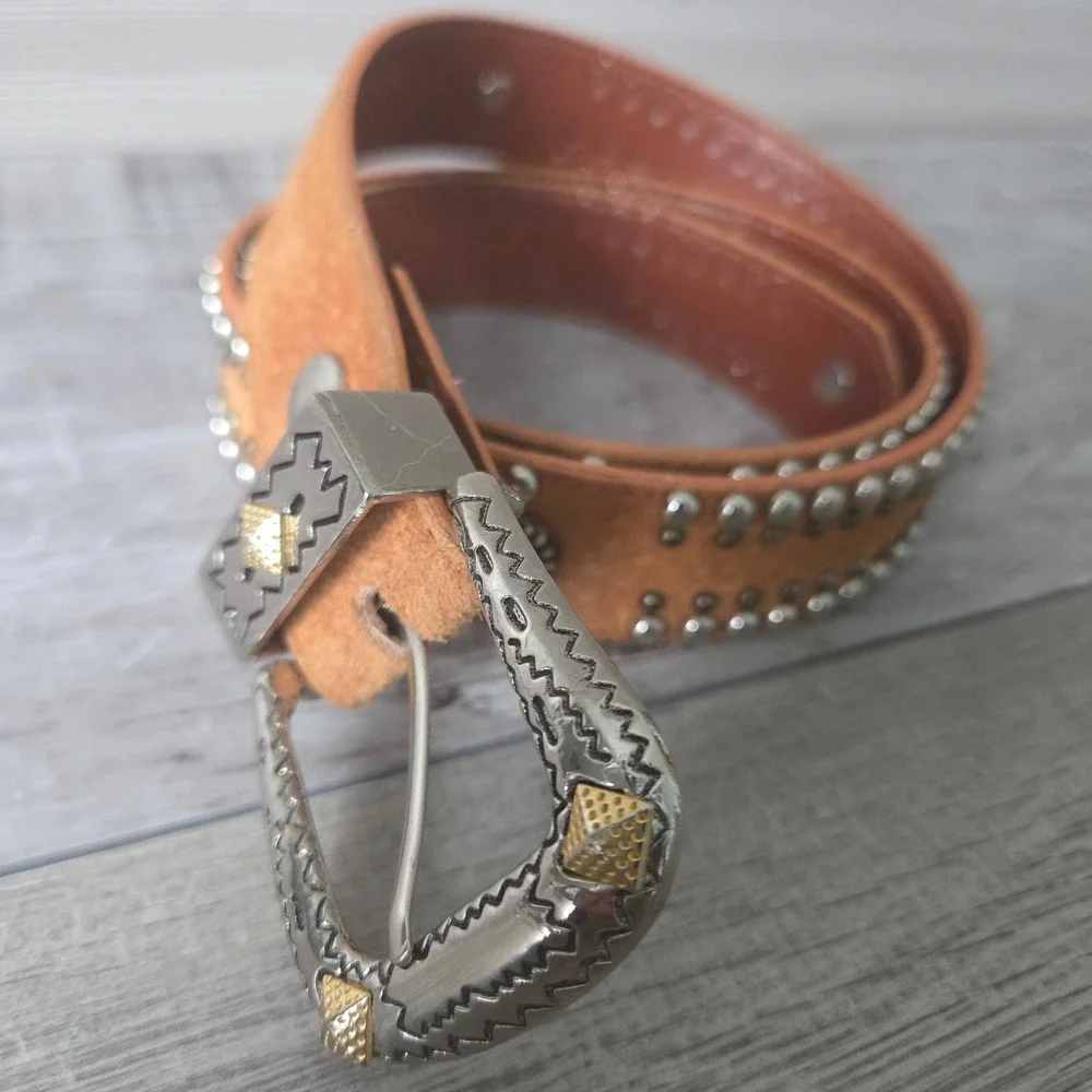 Jana Leather Belt Western Studded Vtg Tan Women Large Brown Silver Gold Concho